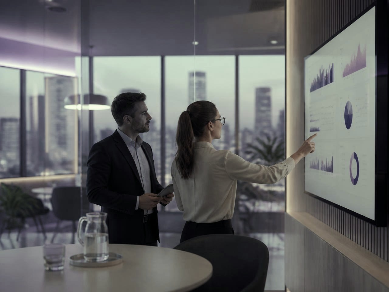 Two professionals reviewing live business dashboards on a boardroom screen